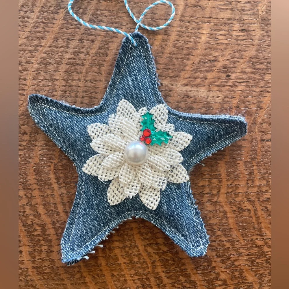 Denim Christmas Ornaments Set - 6 Blue and Red. New. - Picture 6 of 7